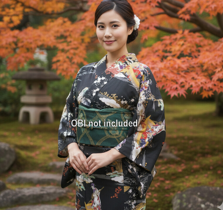 Japanese Cotton Gown 'Ukiyoe' - 55" Black