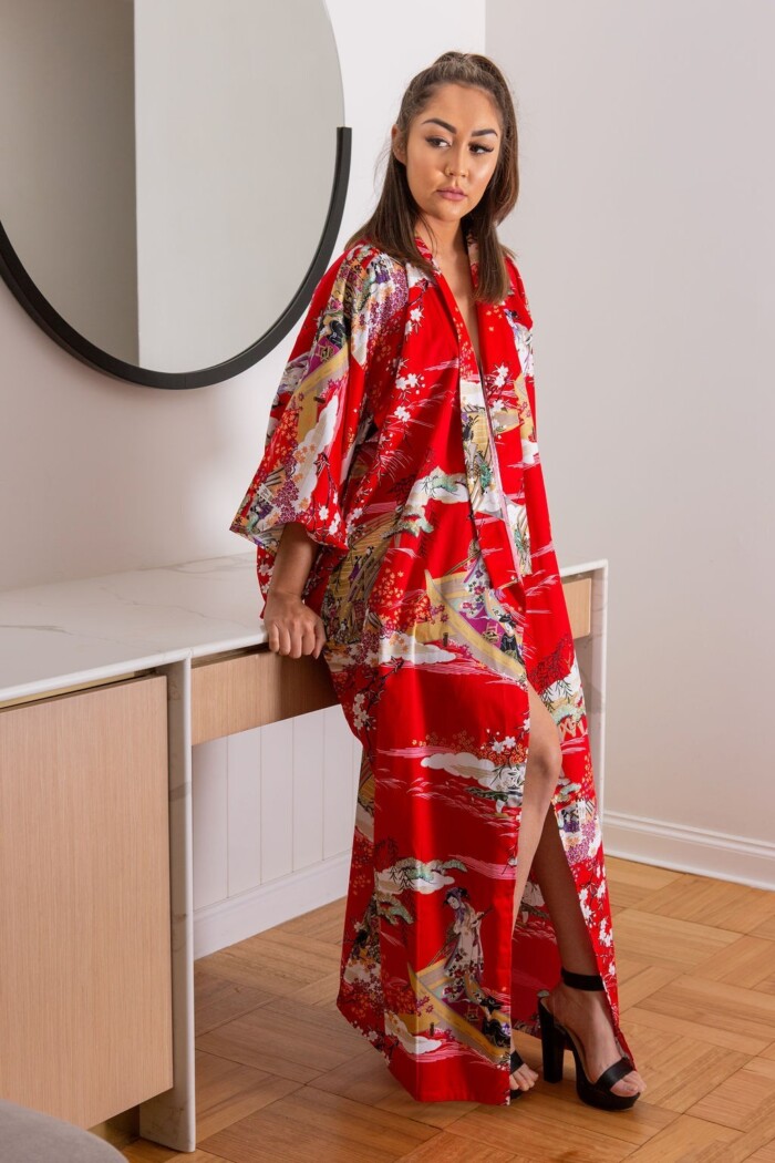 Japanese Cotton Gown 'Ukiyoe' - 55" Red