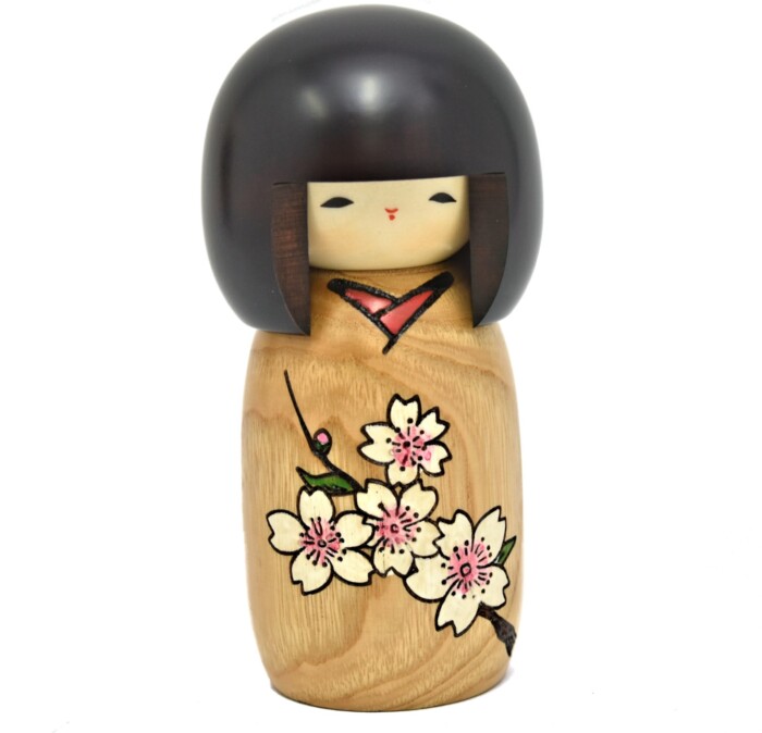 Carved Cherry Blossoms Kokeshi Doll - Pine