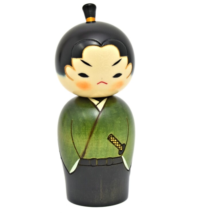 Green Carved Samurai Kokeshi Doll