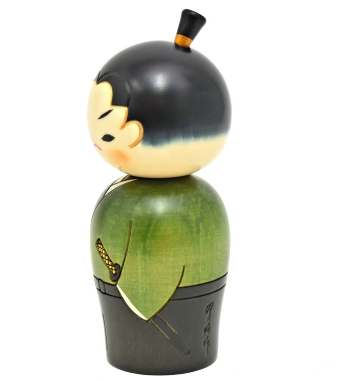 Green Carved Samurai Kokeshi Doll - Image 3