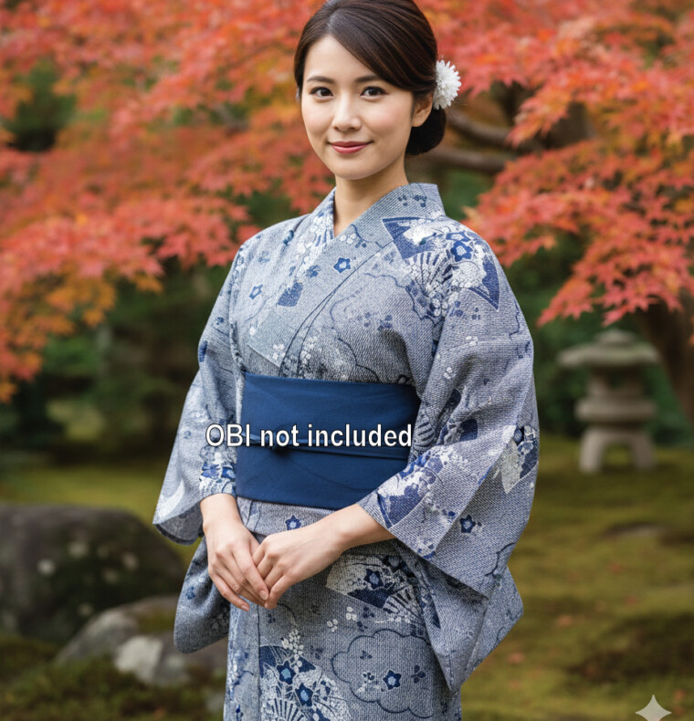 Japanese Cotton Gown 'Fan' - 56" Blue