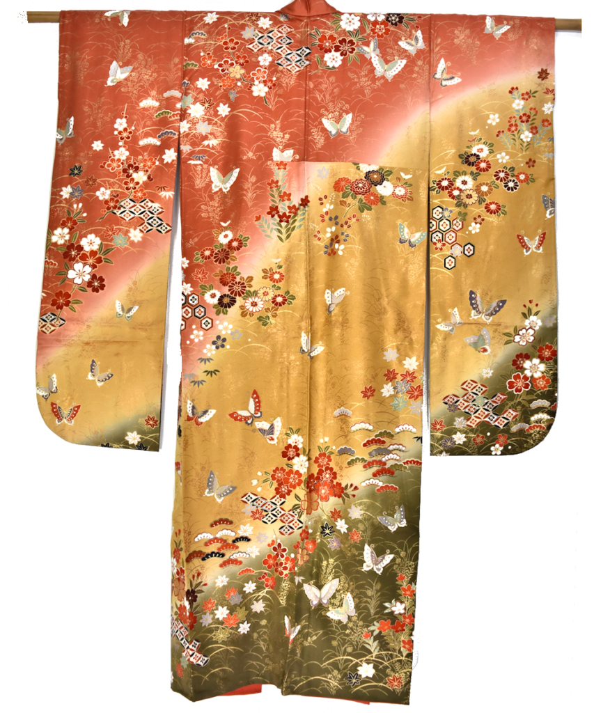 Vintage silk Kimono – Butterflies in gold flowers - Old Kyoto