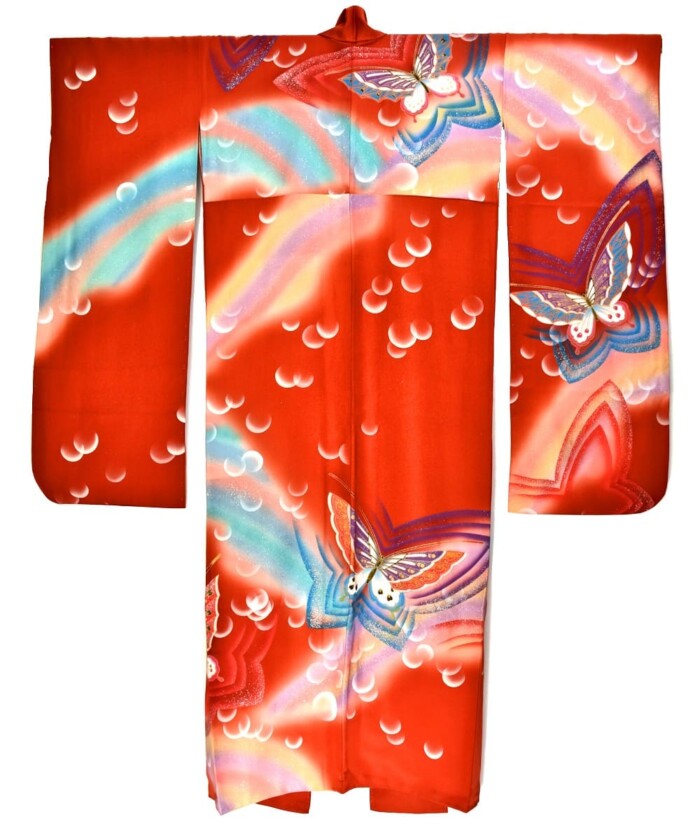 Vintage silk Kimono - Rainbow Butterflies (Cho) - Image 2