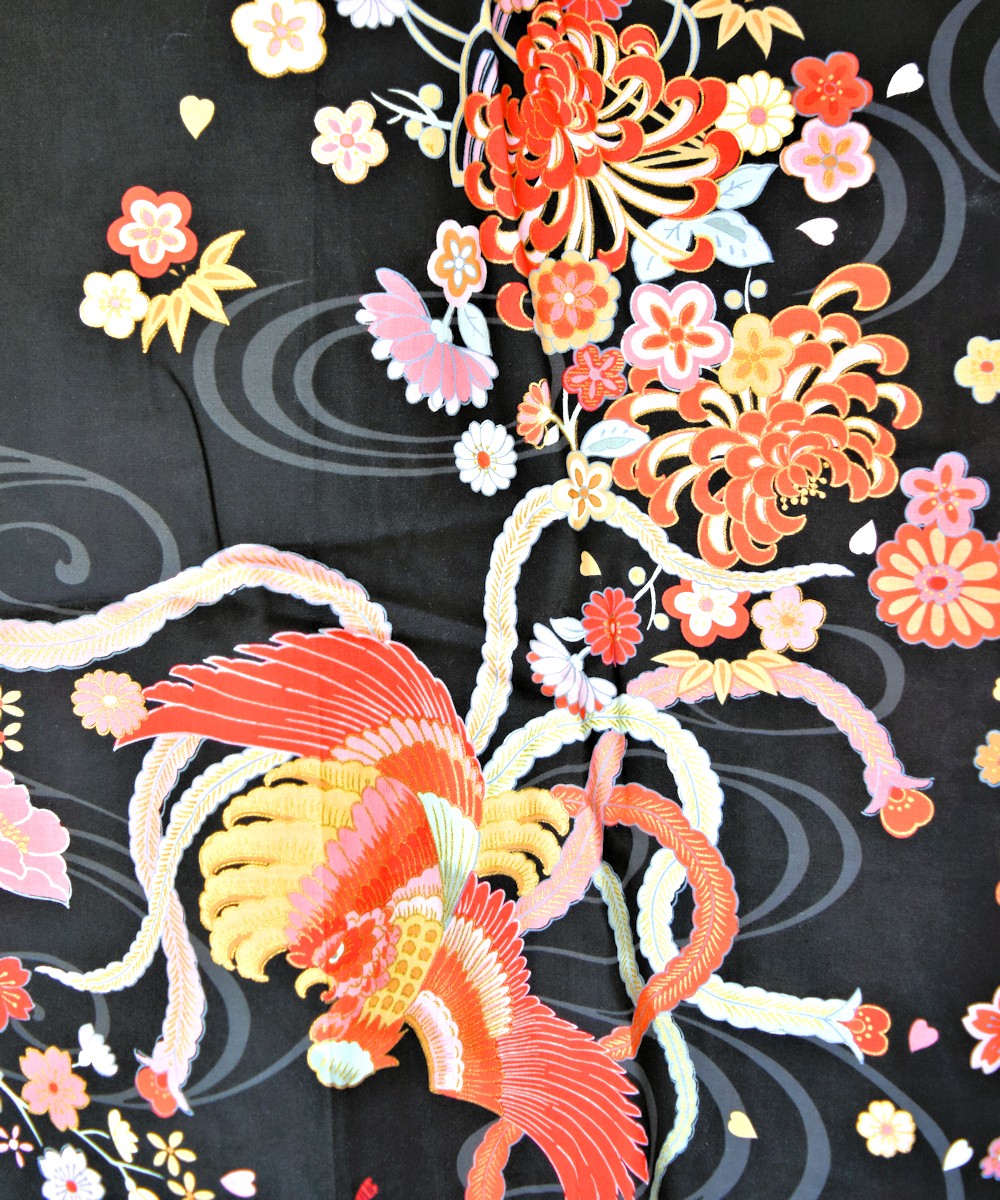 Japanese Cotton Yukata gown 'Dragon and Phoenix' - 55" Blk - Image 4