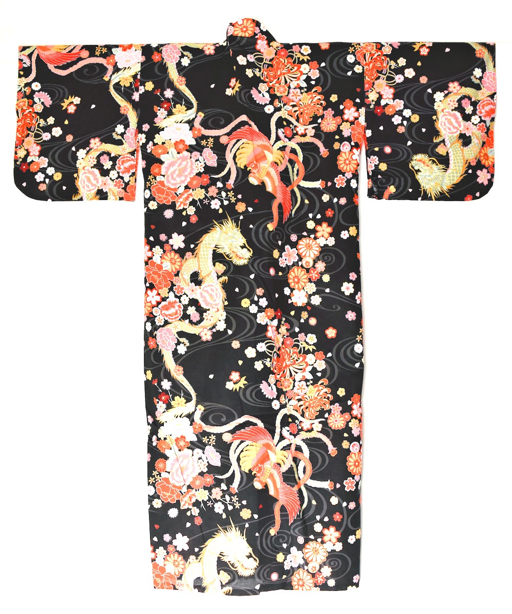 Japanese Cotton Yukata gown 'Dragon and Phoenix' - 55" Blk