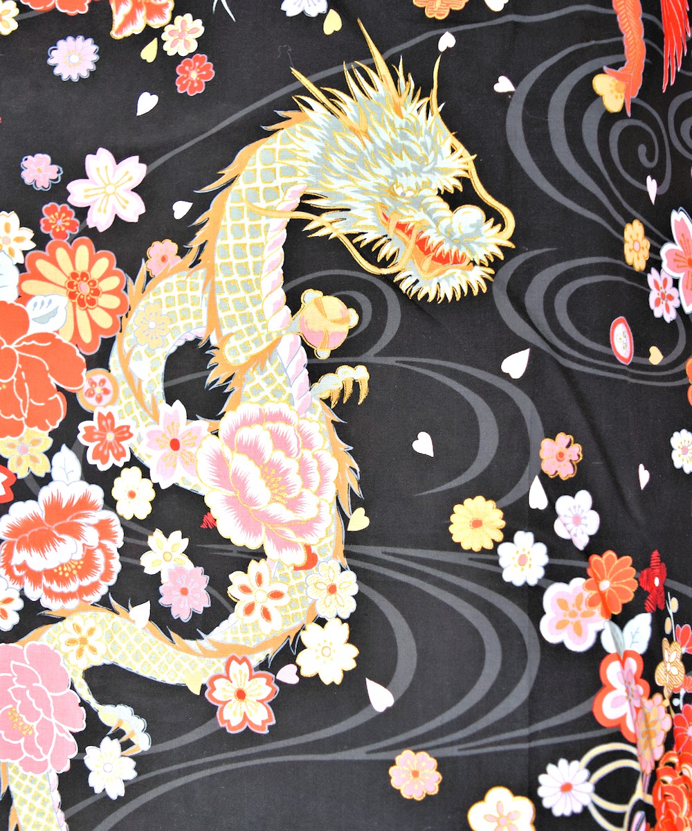 Japanese Cotton Yukata gown 'Dragon and Phoenix' - 55" Blk - Image 3