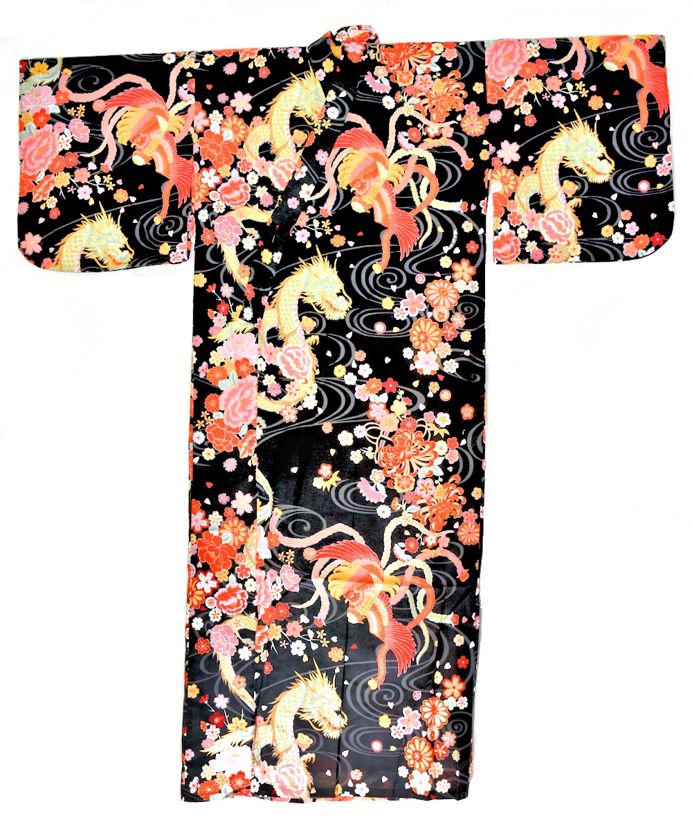 Japanese Cotton Yukata gown 'Dragon and Phoenix' - 55" Blk - Image 2