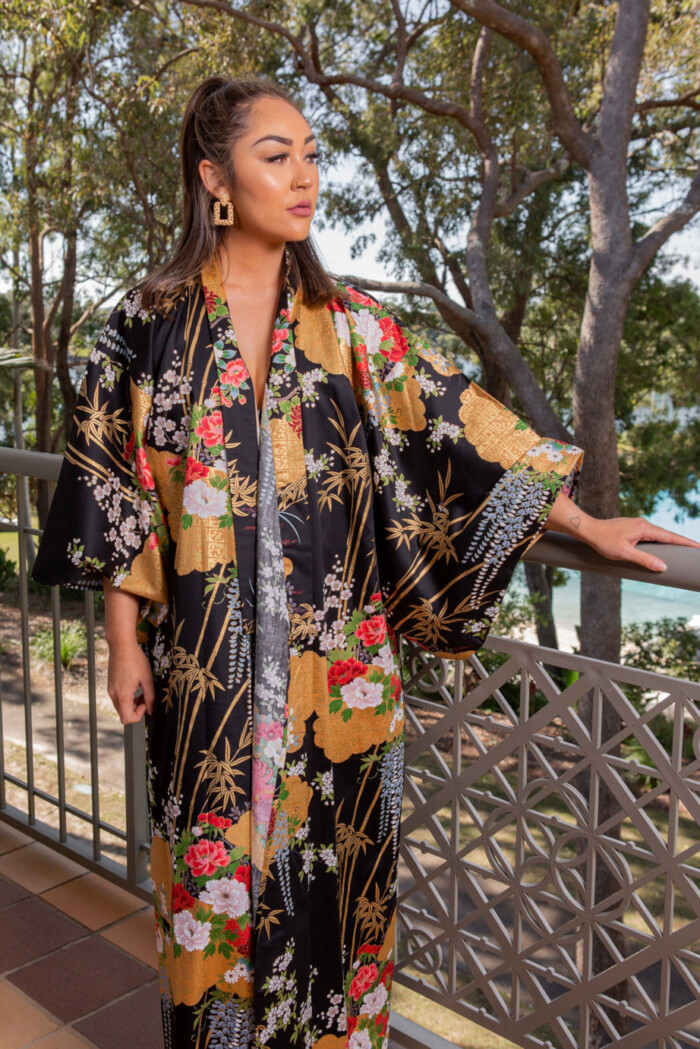 Japanese Cotton Gown 'Flower' - 55" Black