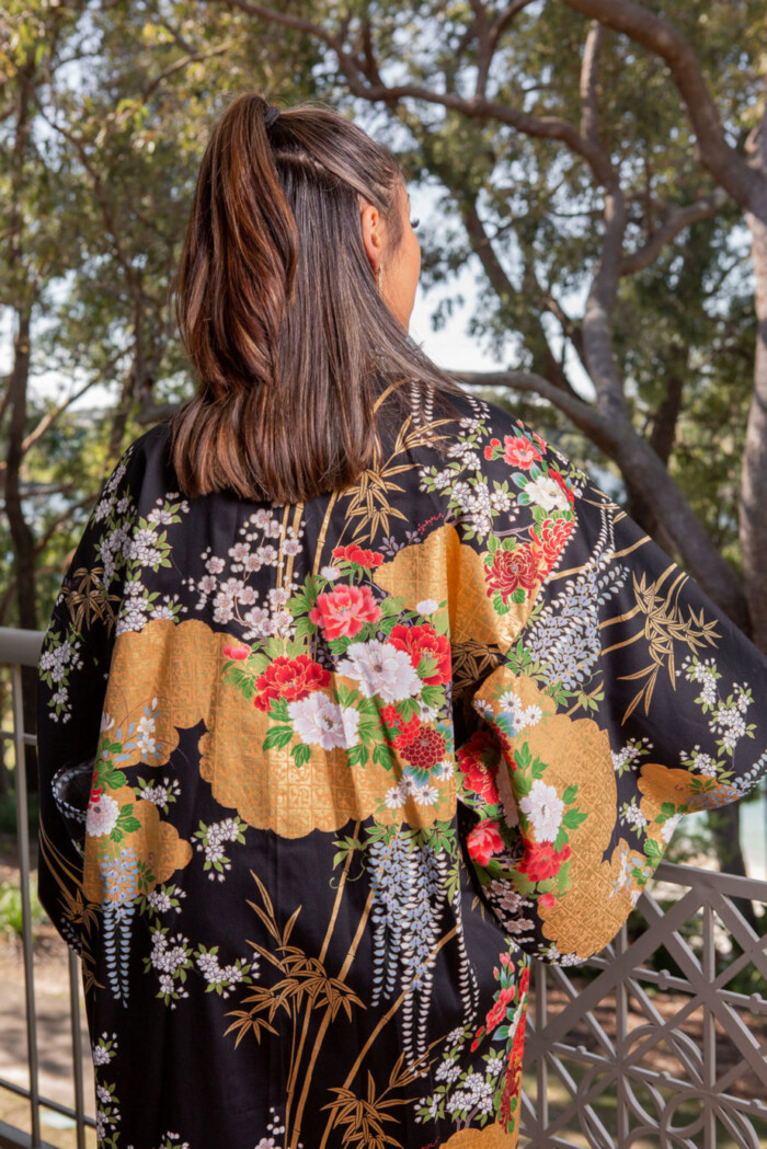 Japanese Cotton Gown 'Flower' - 55" Black - Image 2