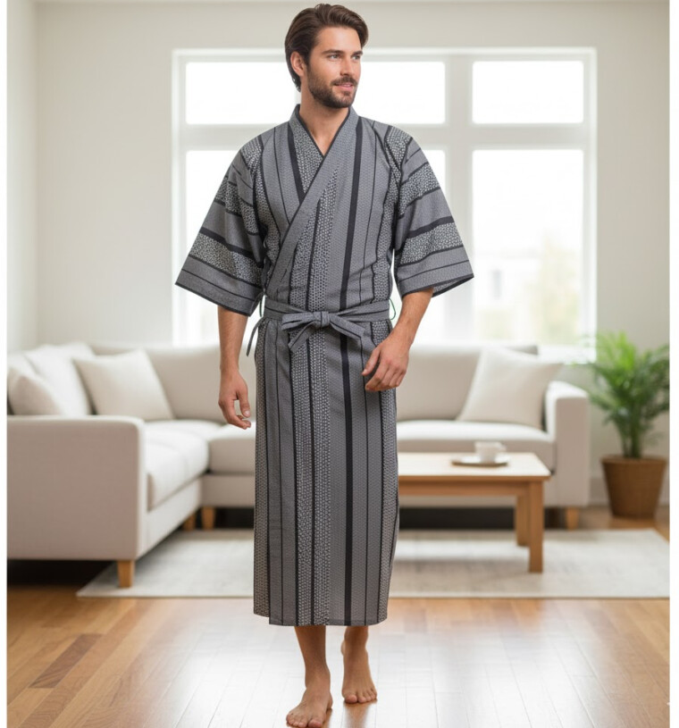 Japanese Cotton Gown 'Geometric Design' - 59" Blue