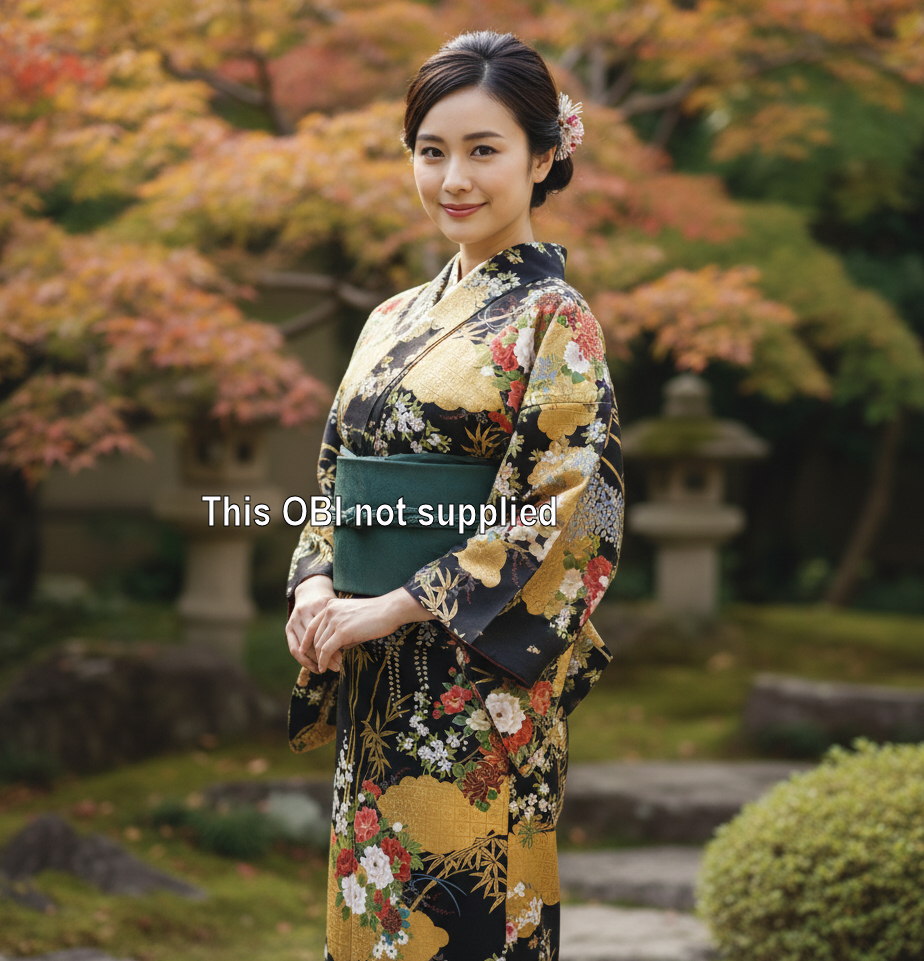 Japanese Cotton Gown 'Flower' - 55" Black - Image 3