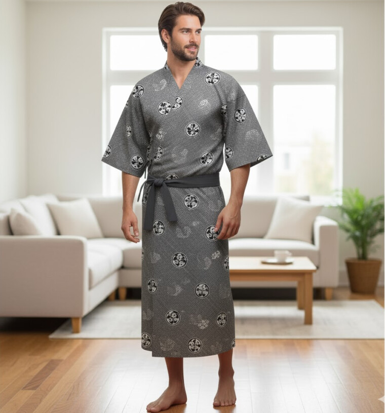 Japanese Cotton Gown 'Crest' - 59" Blue