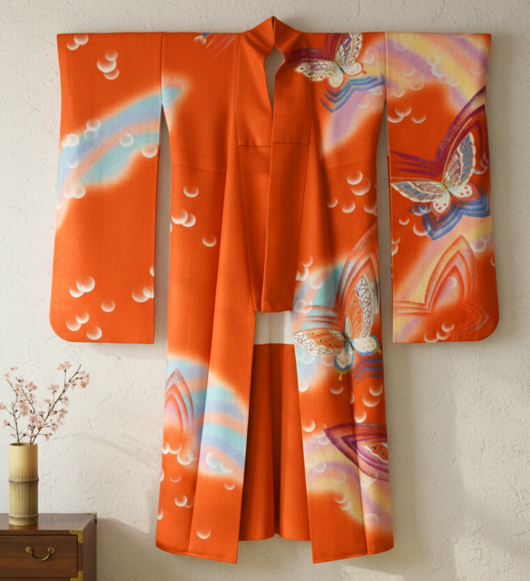 Vintage silk Kimono - Rainbow Butterflies (Cho)