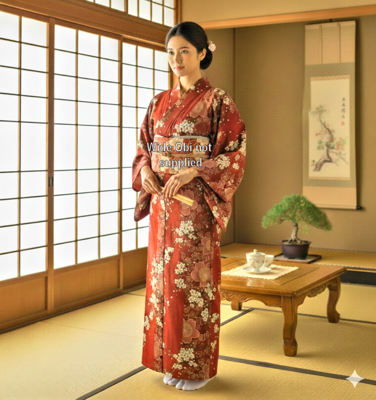 Japanese Cotton Gown 'Cherry Blossoms' - 55" Red
